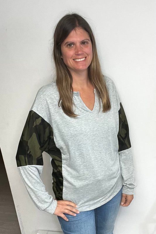 Long Sleeve With Camo Arm V Neck Top - Terry Camo Print - Keweenaw Klass Boutique LLC