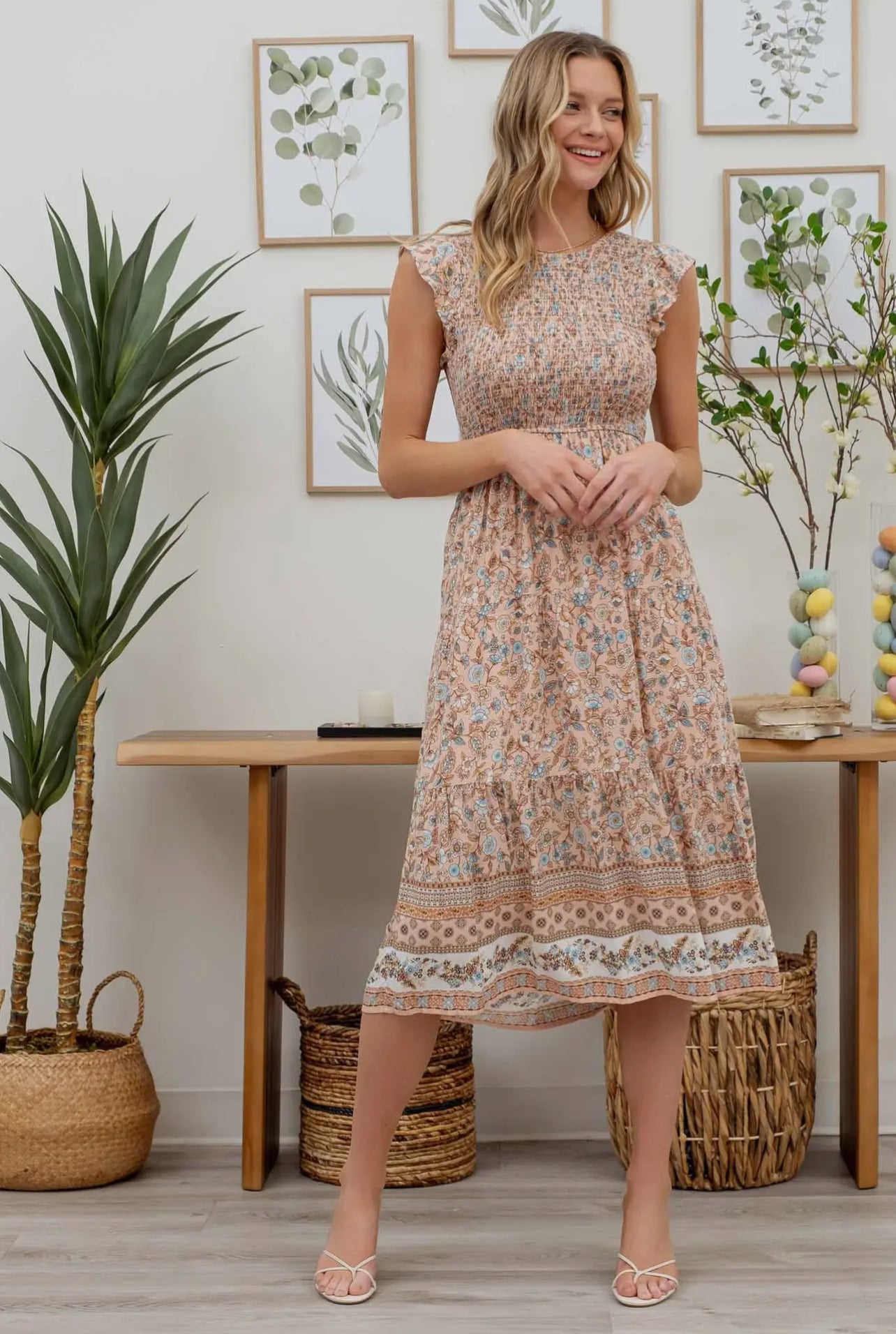 Smocked Floral Border Print Midi Dress