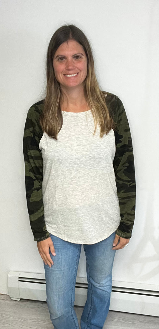 Oatmeal Top With Camo Long Sleeves - Keweenaw Klass Boutique LLC