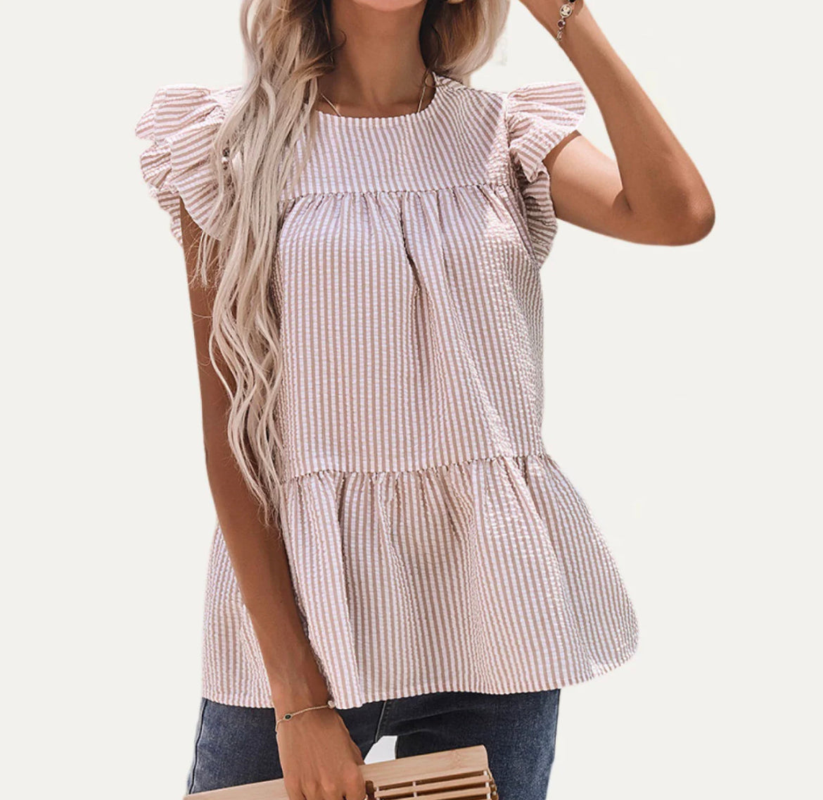 Khaki Sweetness Stripe Print Ruffled Sleeve Top