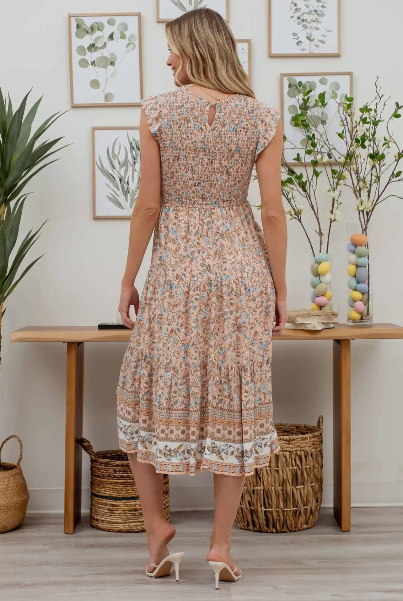 Smocked Floral Border Print Midi Dress