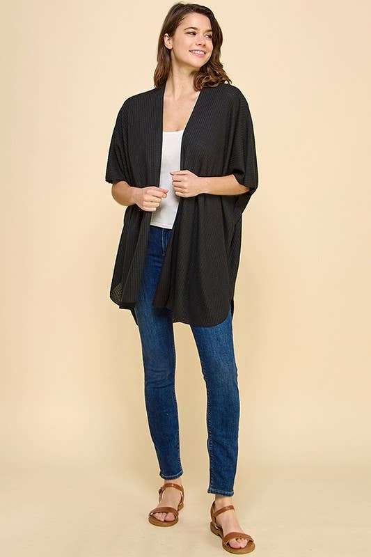 Black Solid Waffle Cardigan