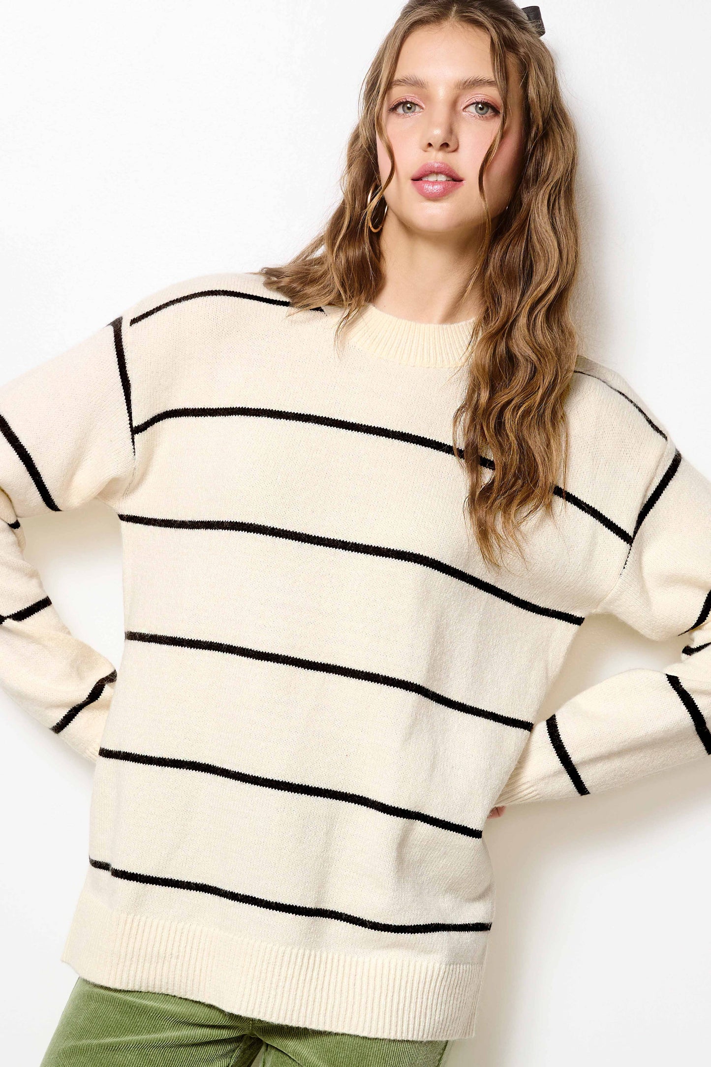 Loose Fit Stripe Long Sleeve Crewneck Sweater: Powder