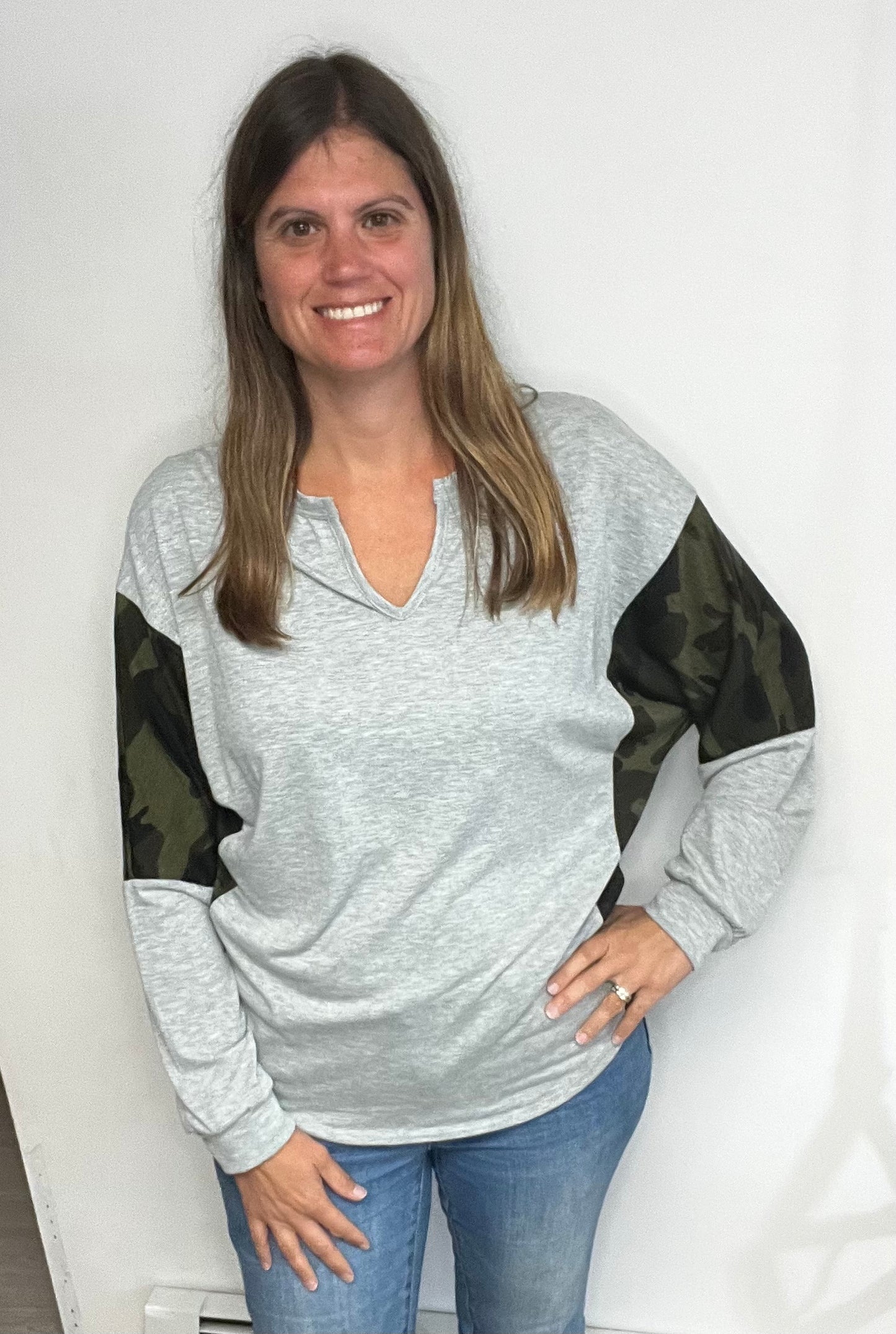 Long Sleeve With Camo Arm V Neck Top - Terry Camo Print - Keweenaw Klass Boutique LLC