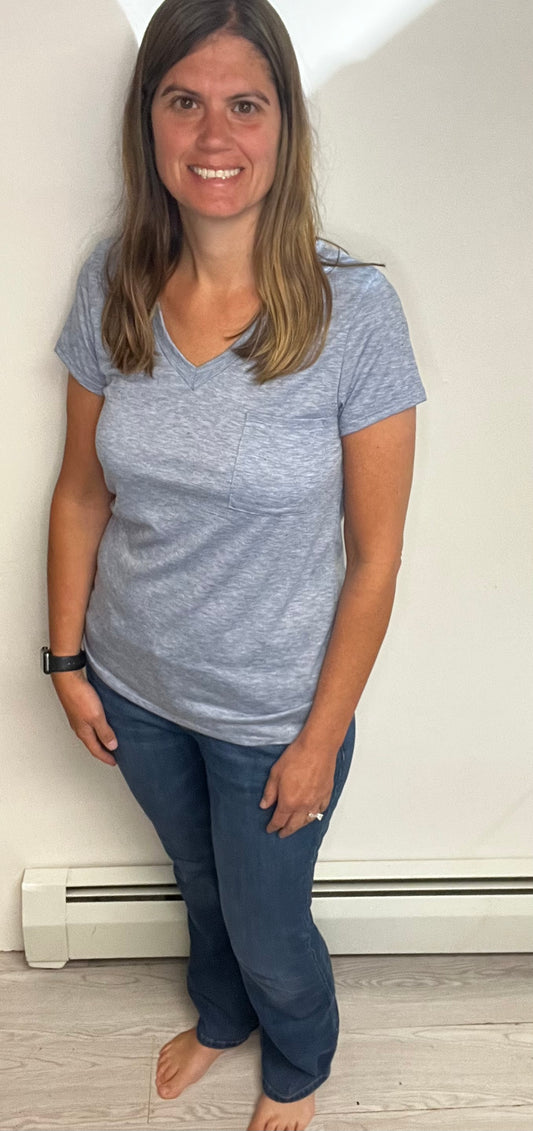 Blue V-Neck Top with Pocket - Keweenaw Klass Boutique LLC