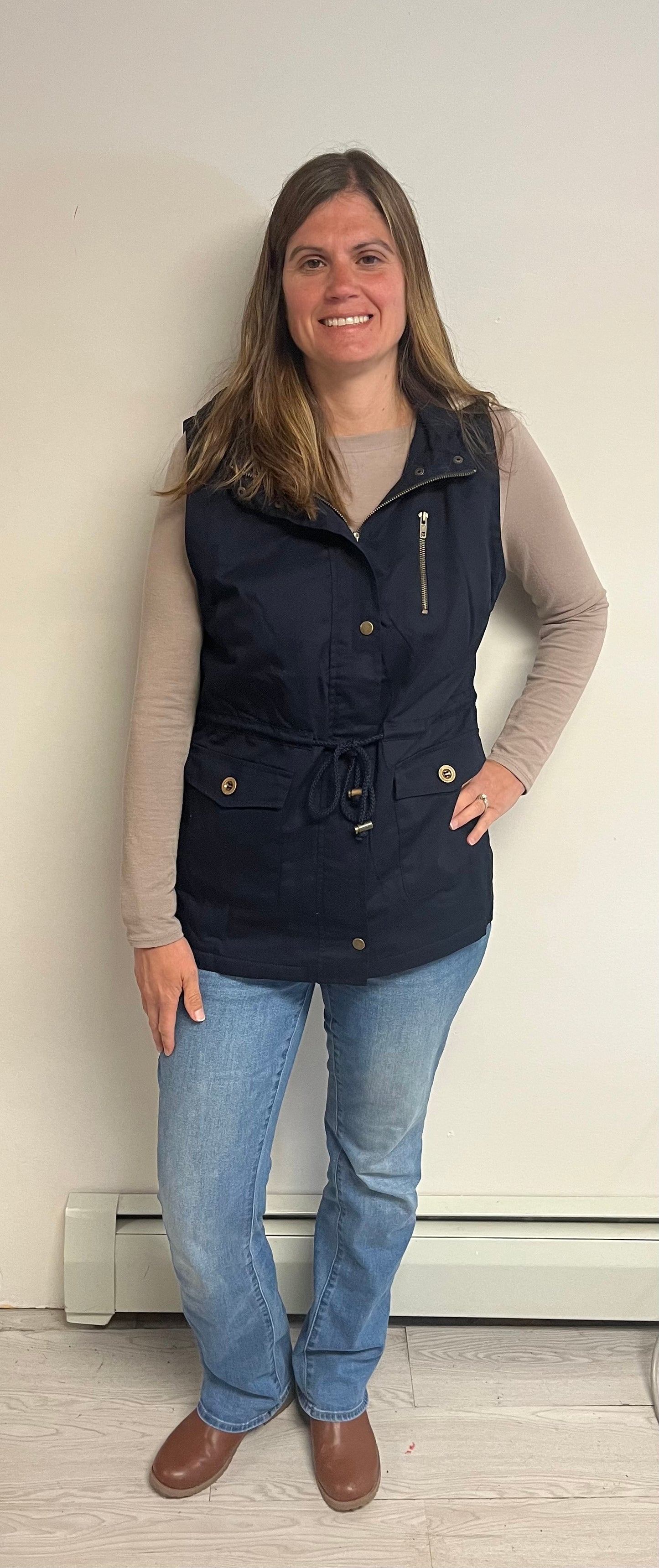 NAVY FAUX FUR LINED HOODED TWILL VEST - Keweenaw Klass Boutique LLC