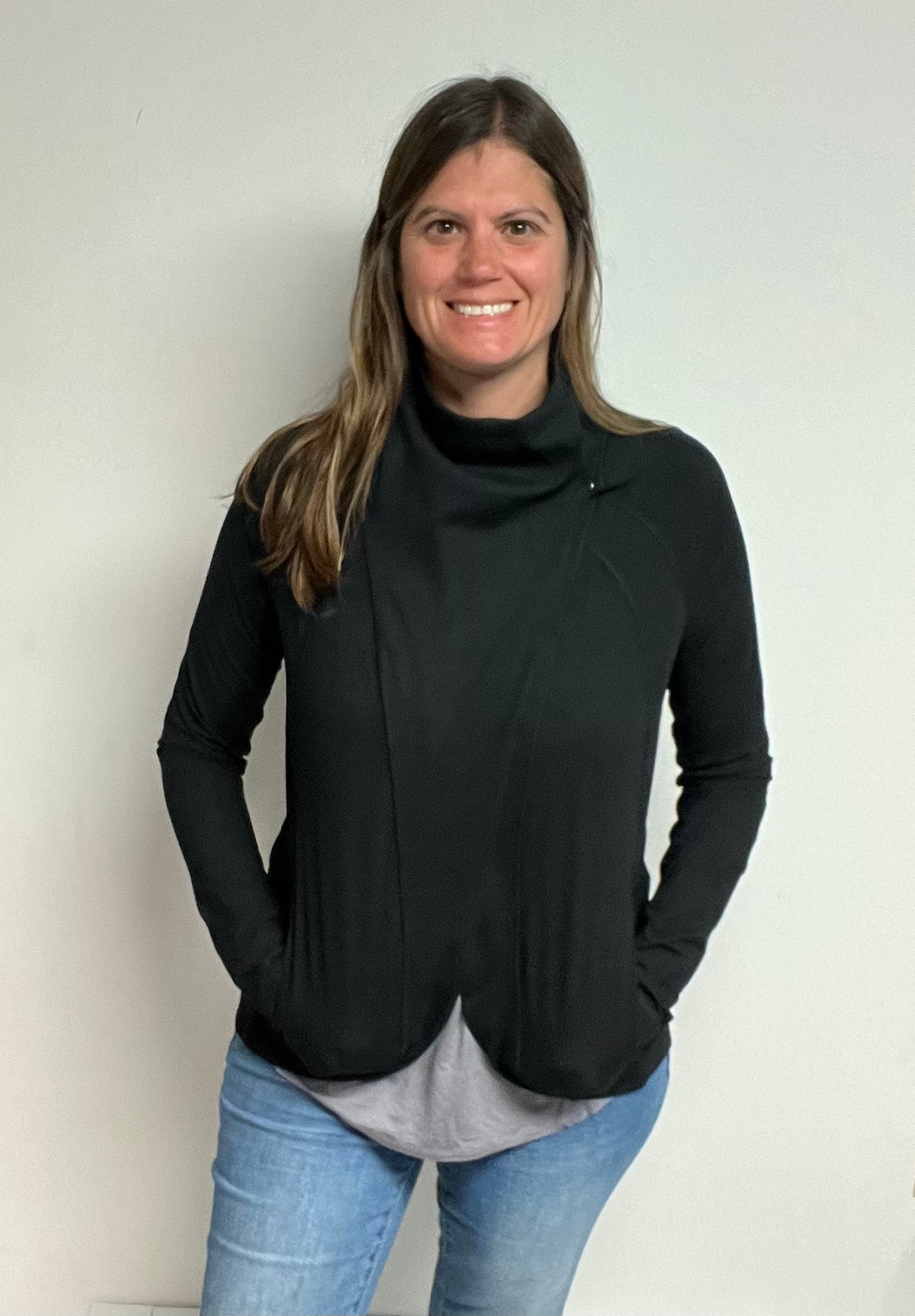 BLACK BUTTER SOFT ASYMMETRIC COWL NECK JACKET