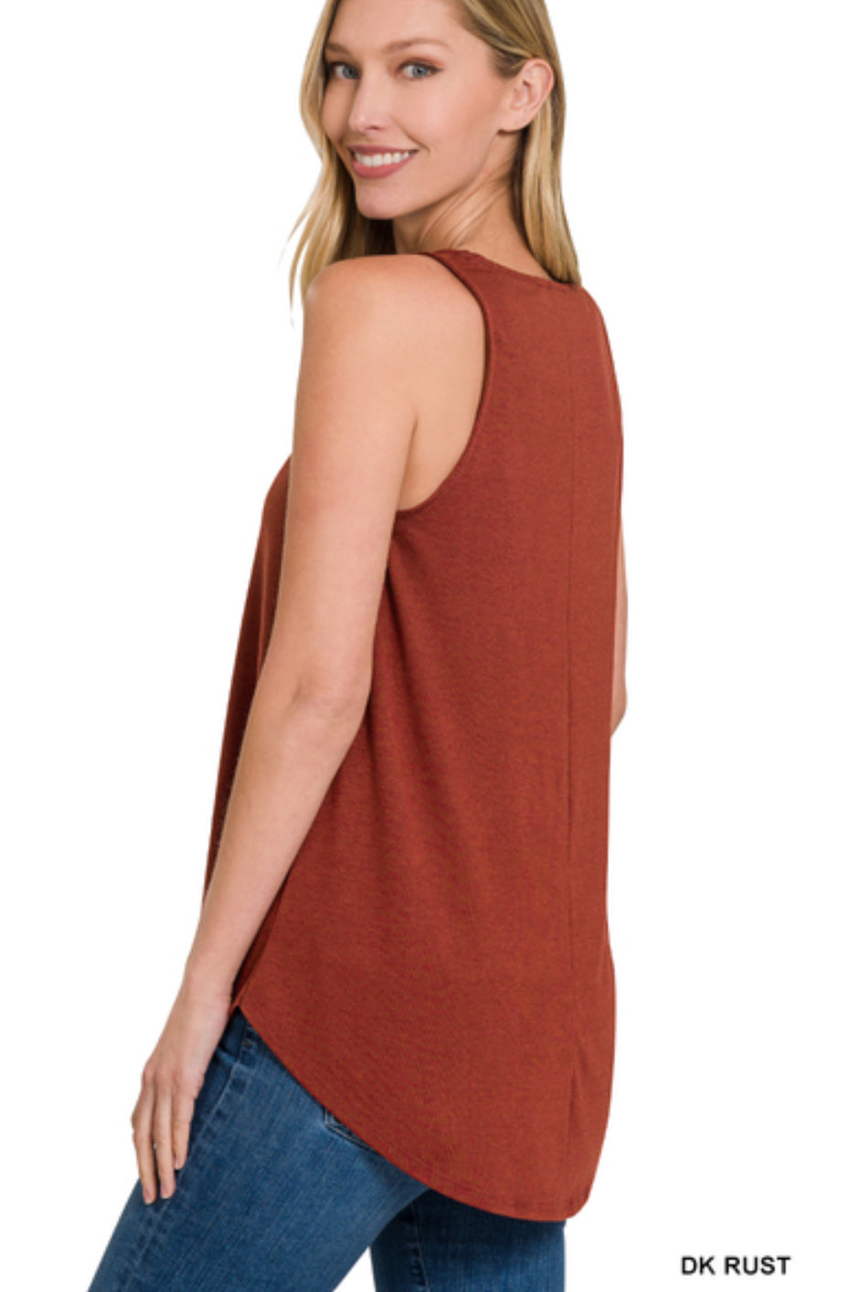 RUST SLEEVELESS ROUND NECK ROUND HEM TOP