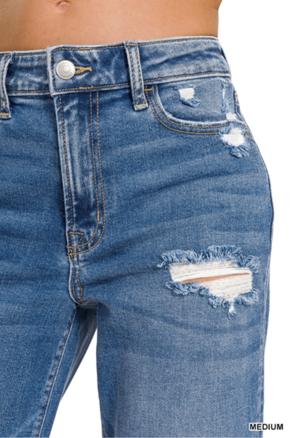 HIGH WAIST STRAIGHT LEG MEDIUM WASH DENIM PANTS