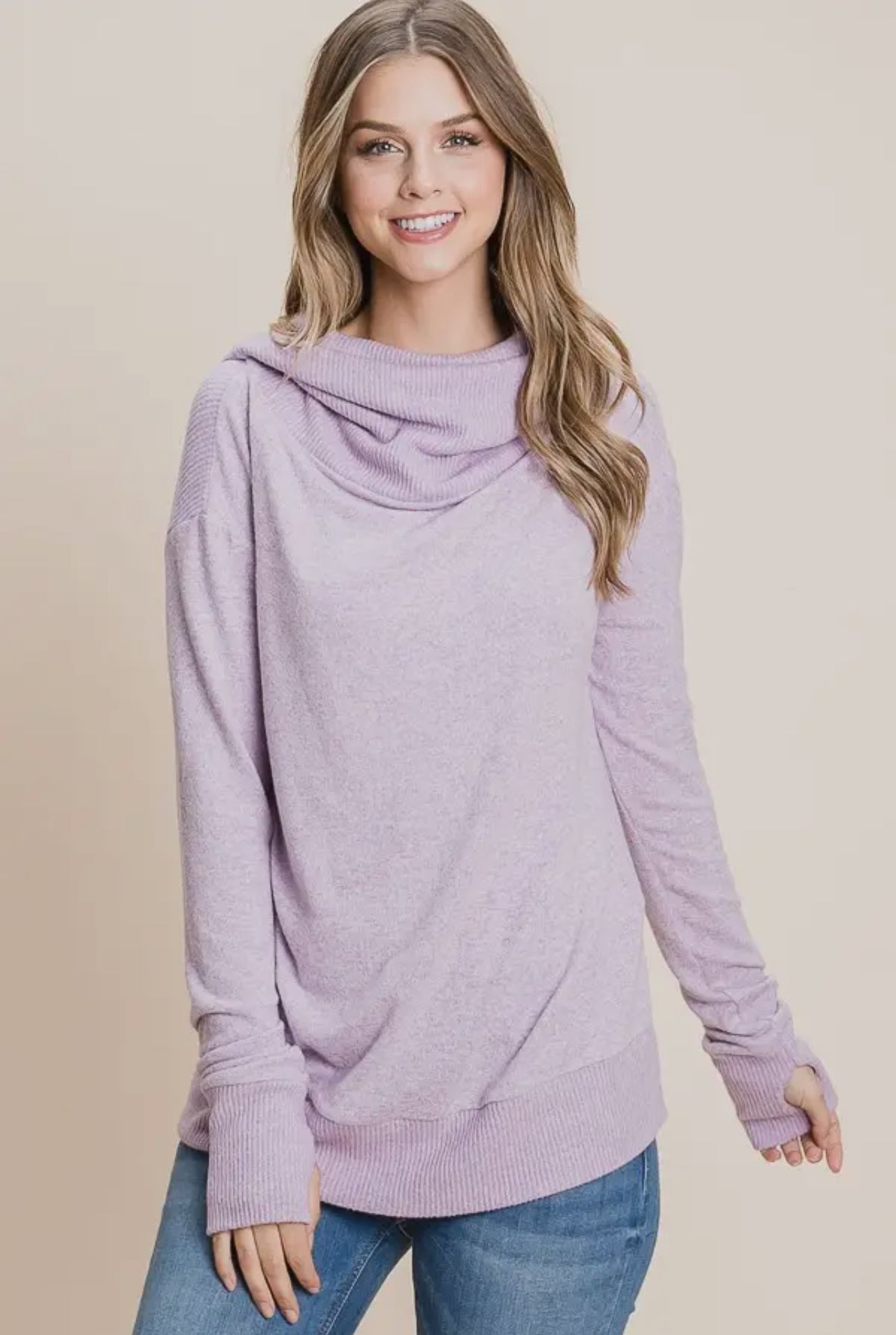 Women Thumb Hole Loose
Jersey Cowl Hoodie Top