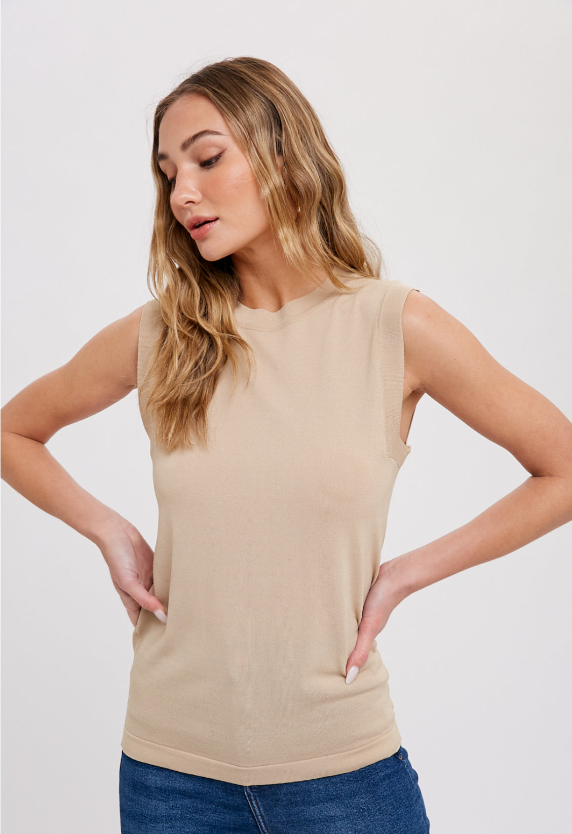 TAUPE HIGH NECK SLEEVELESS KNIT TOP