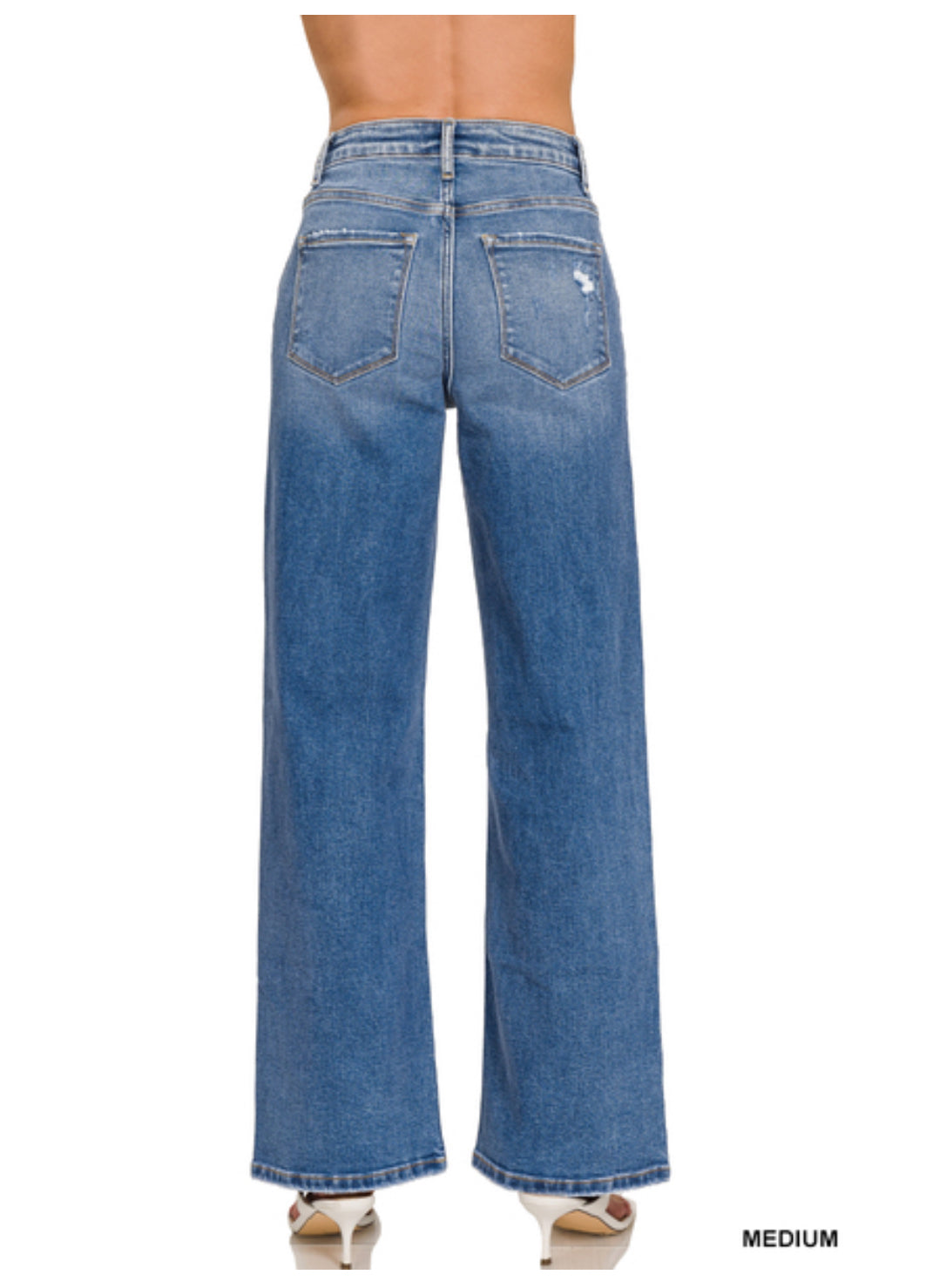 HIGH WAIST STRAIGHT LEG MEDIUM WASH DENIM PANTS