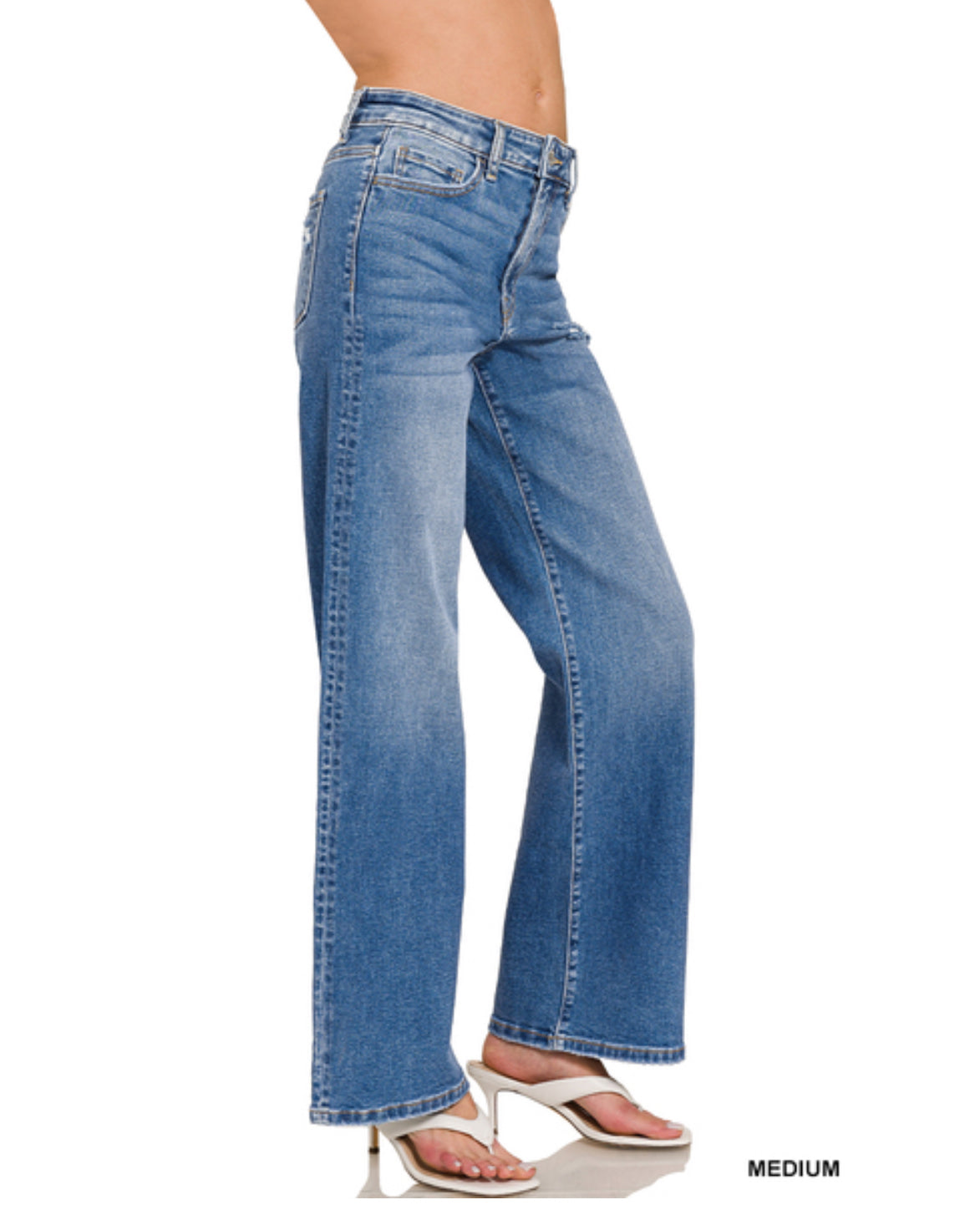 HIGH WAIST STRAIGHT LEG MEDIUM WASH DENIM PANTS