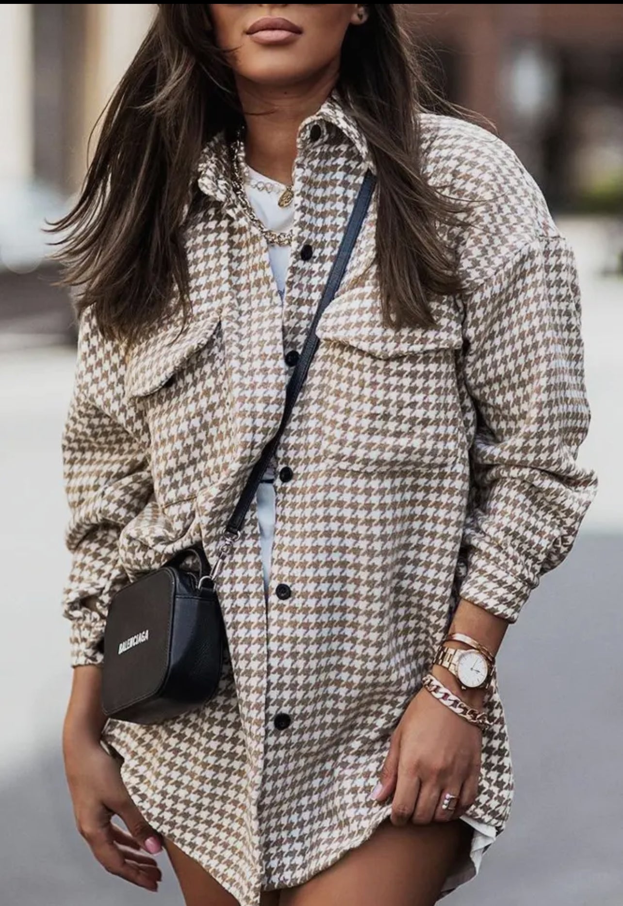 Tweed Houndstooth Single-Breasted Shacket Coat