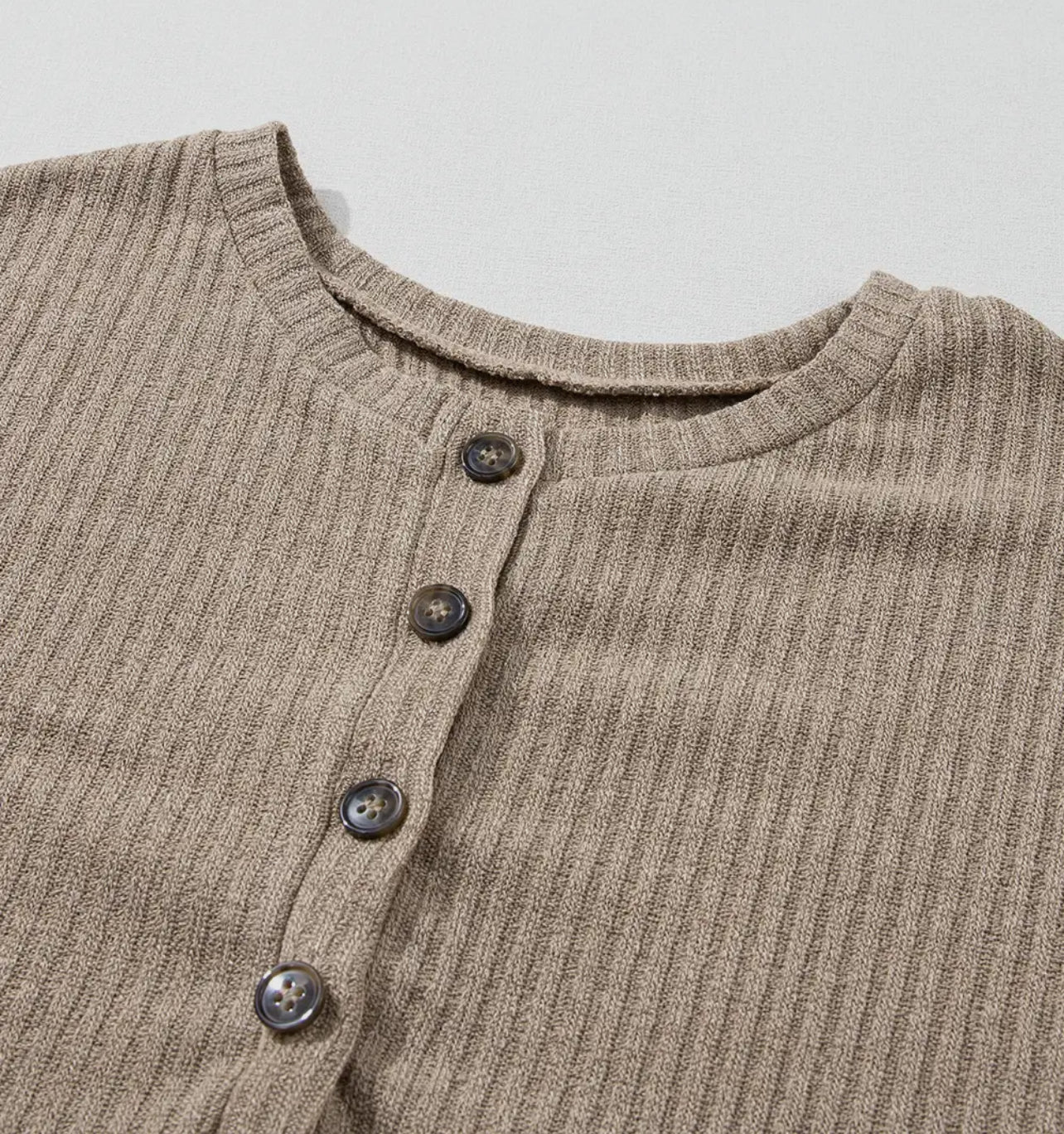 Khaki Rib Textured Henley Knit Top