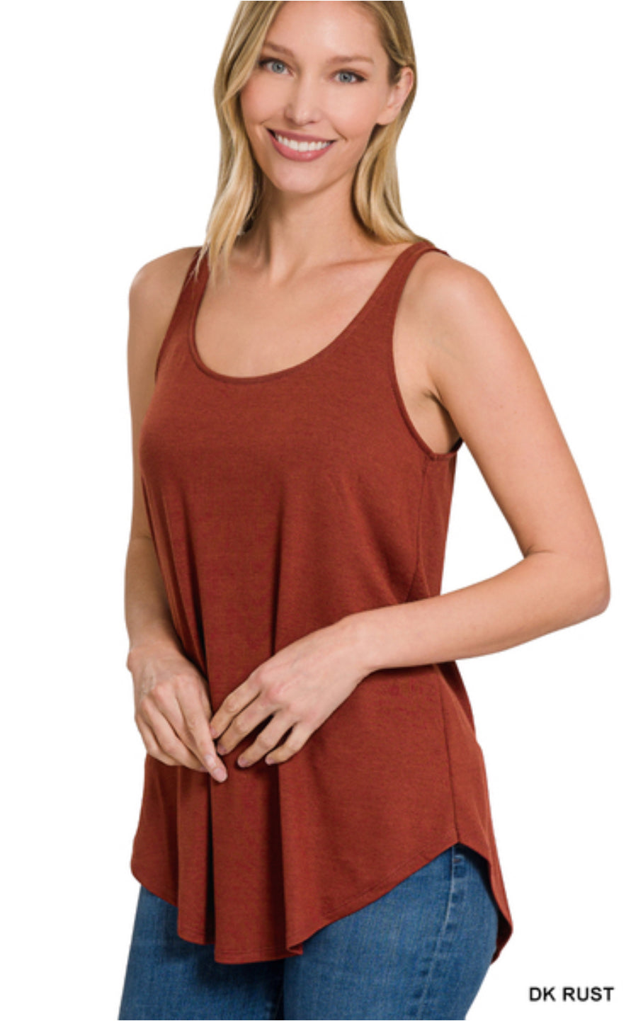 RUST SLEEVELESS ROUND NECK ROUND HEM TOP