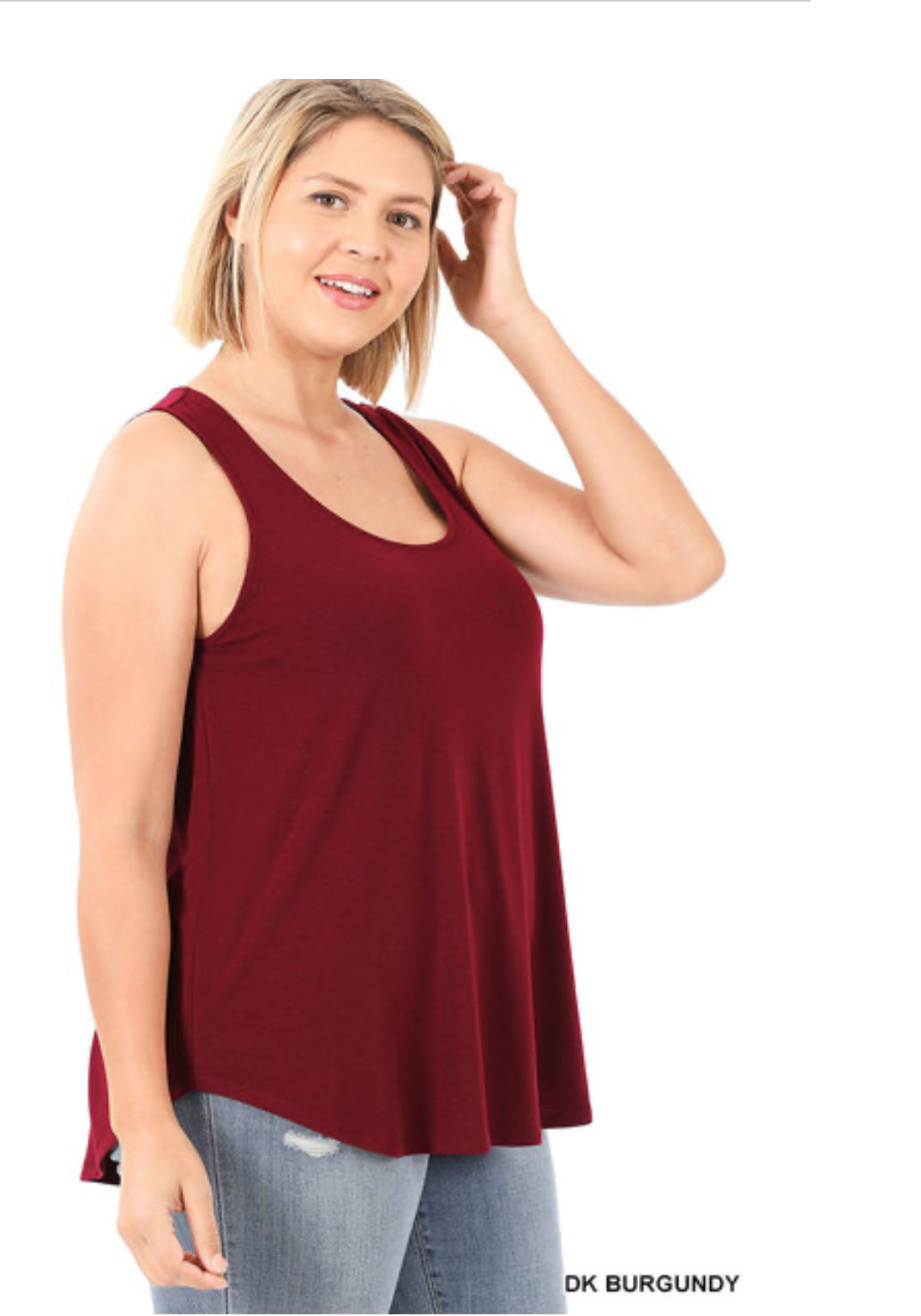 BURGUNDY PLUS SLEEVELESS ROUND NECK ROUND HEM TOP