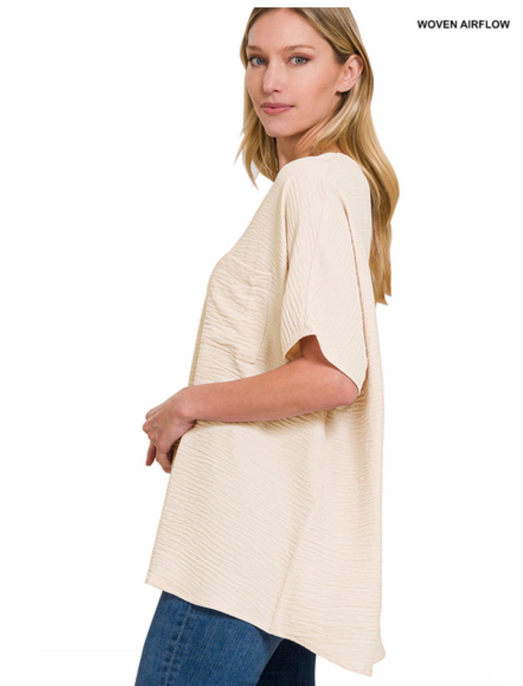 OVERSIZED WOVEN AIRFLOW V-NECK DOLMAN SHORT SLEEVE TOP