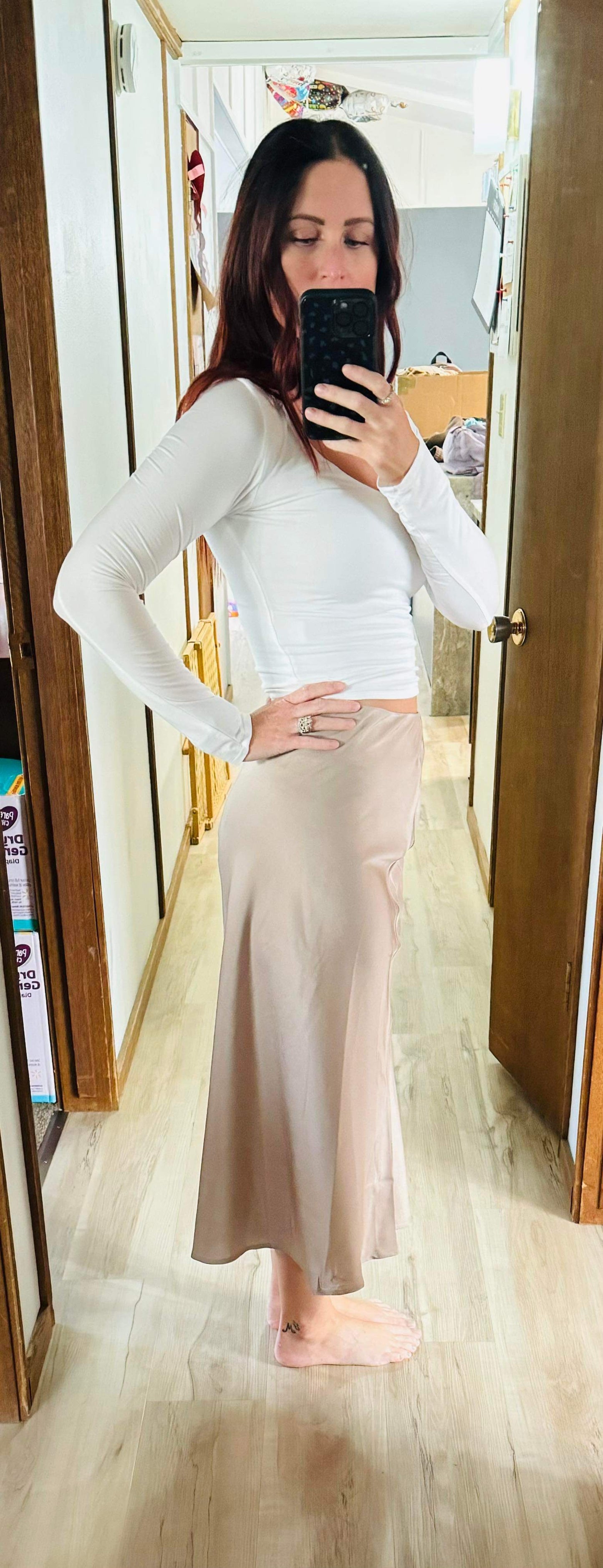 MUSHROOM SATIN MIDI SKIRT