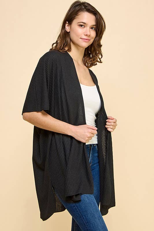 Black Solid Waffle Cardigan