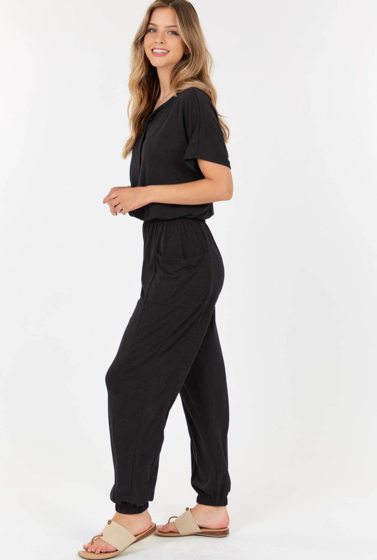 Black Short Sleeve Jumpsuit With Elastic Waist