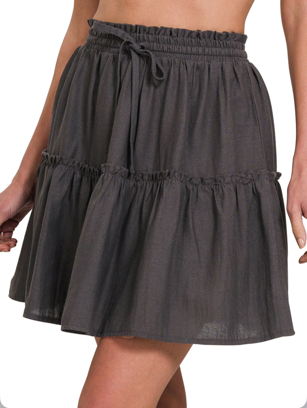 ASH GREY SOFT LINEN DRAWSTRING RUFFLE MINI SKIRT