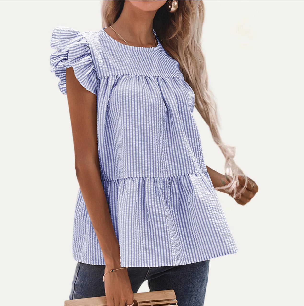 Blue Sweetness Stripe Print Ruffled Sleeve Top