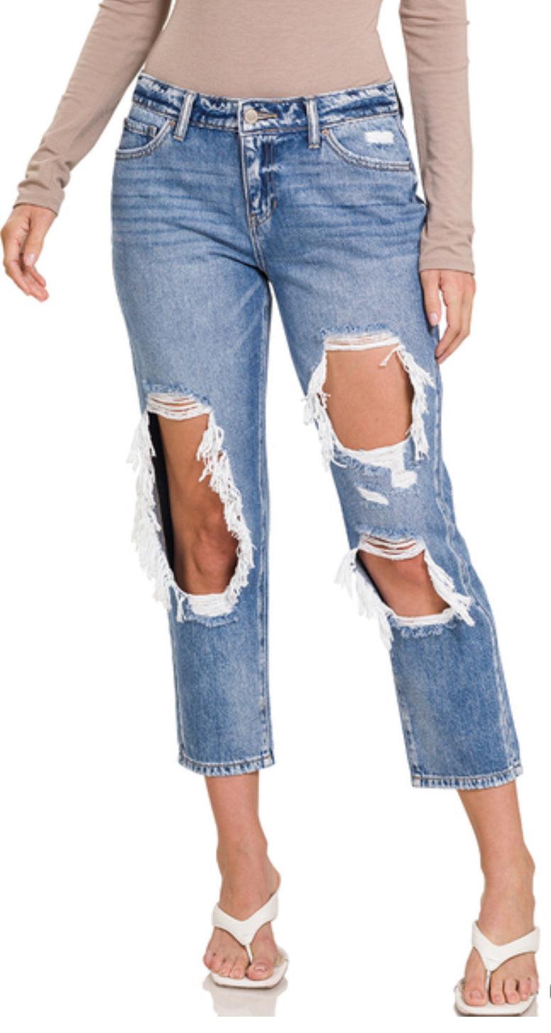 HIGH RISE HEAVY DISTRESSSED BOYFRIEND DENIM PANTS