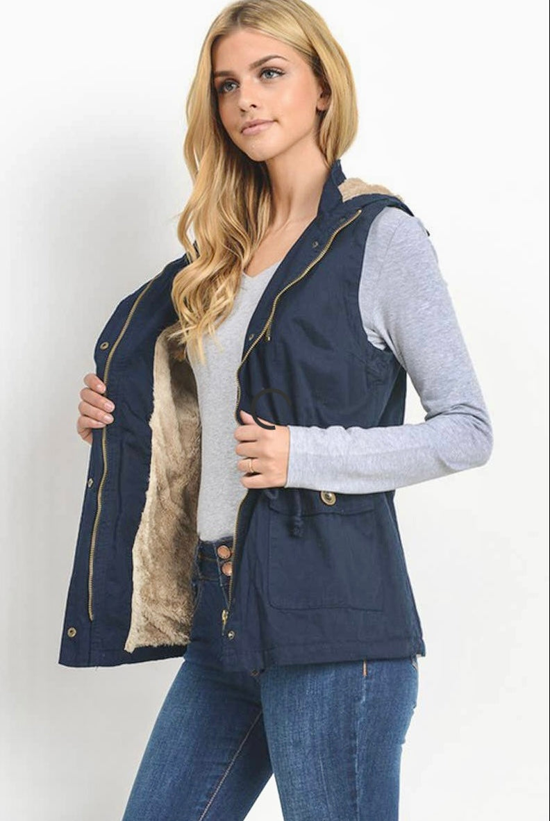 NAVY FAUX FUR LINED HOODED TWILL VEST - Keweenaw Klass Boutique LLC
