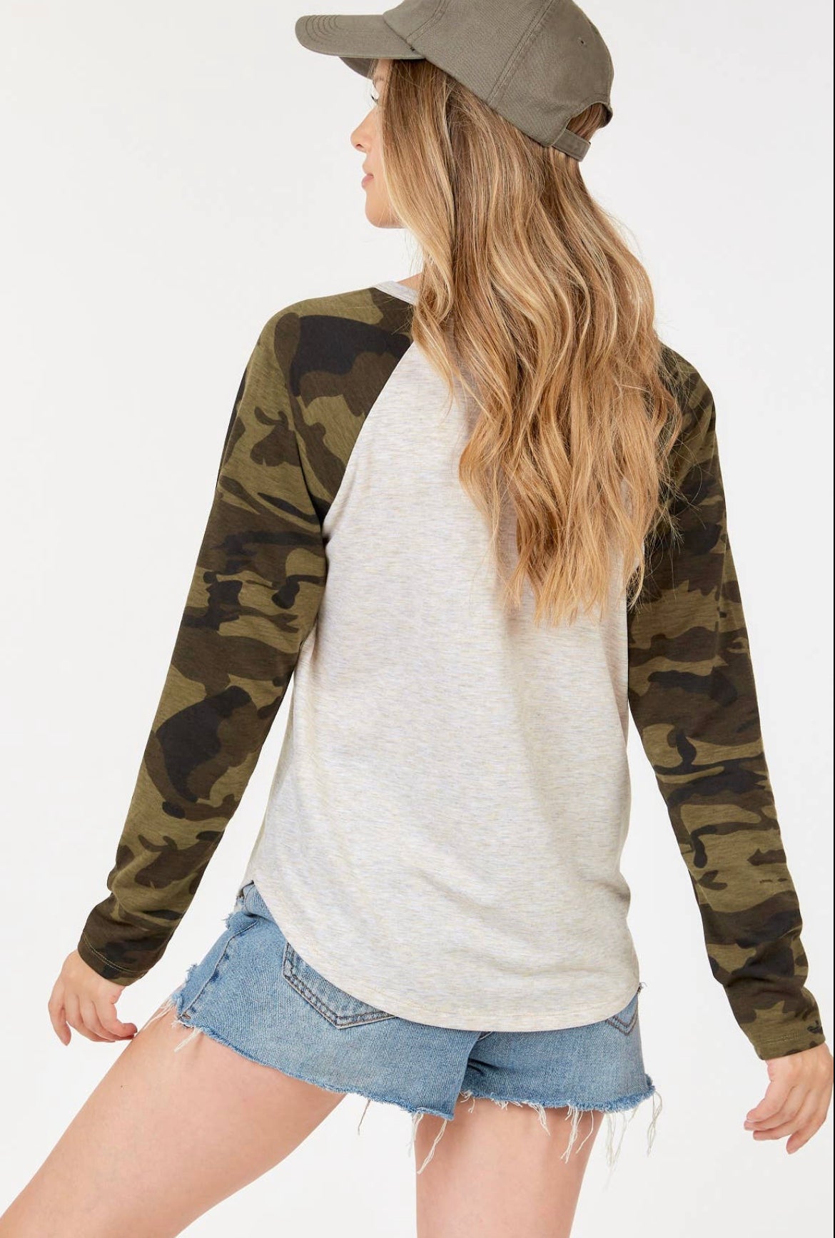 Oatmeal Top With Camo Long Sleeves - Keweenaw Klass Boutique LLC