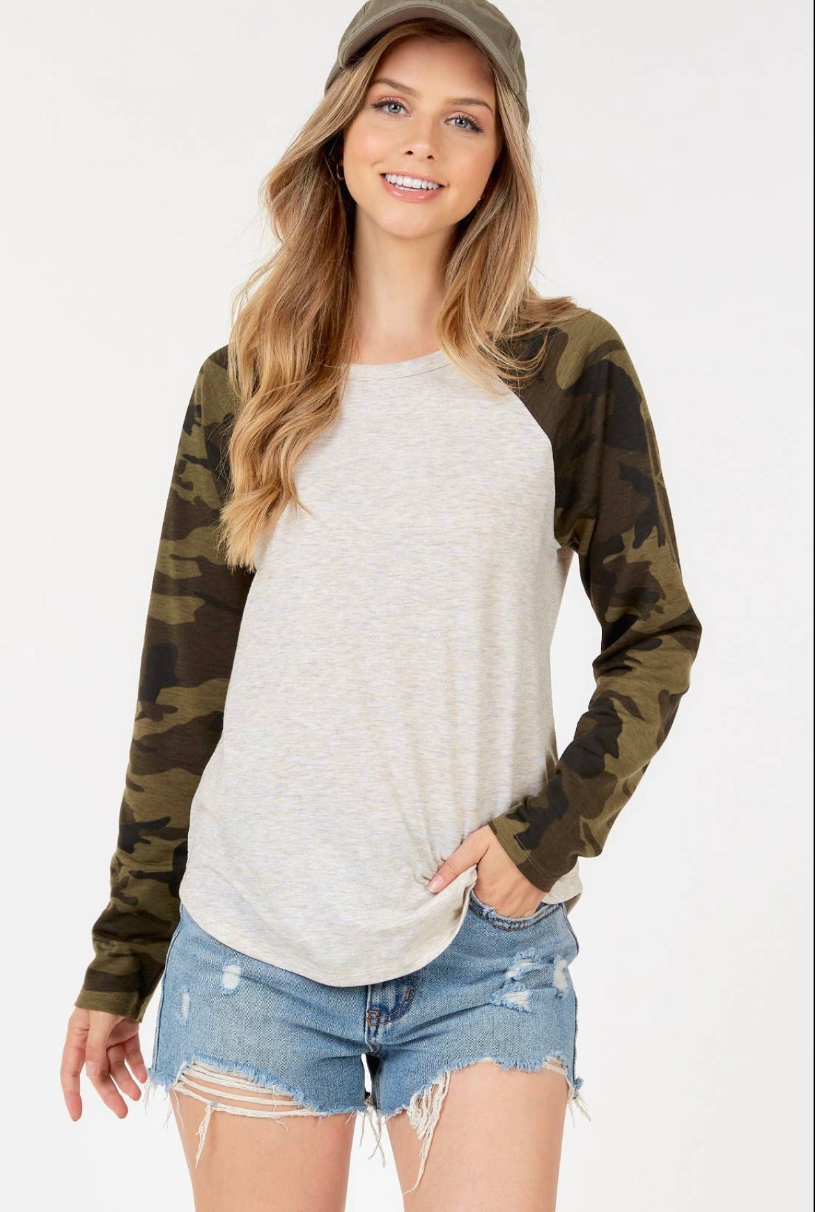 Oatmeal Top With Camo Long Sleeves - Keweenaw Klass Boutique LLC