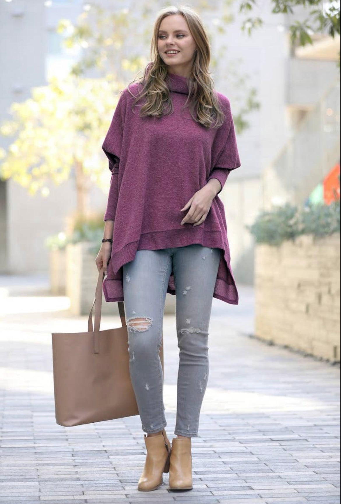 Eggplant Brushed Melange Cowl Neck Oversized Poncho Hi-low Sweater - Keweenaw Klass Boutique LLC