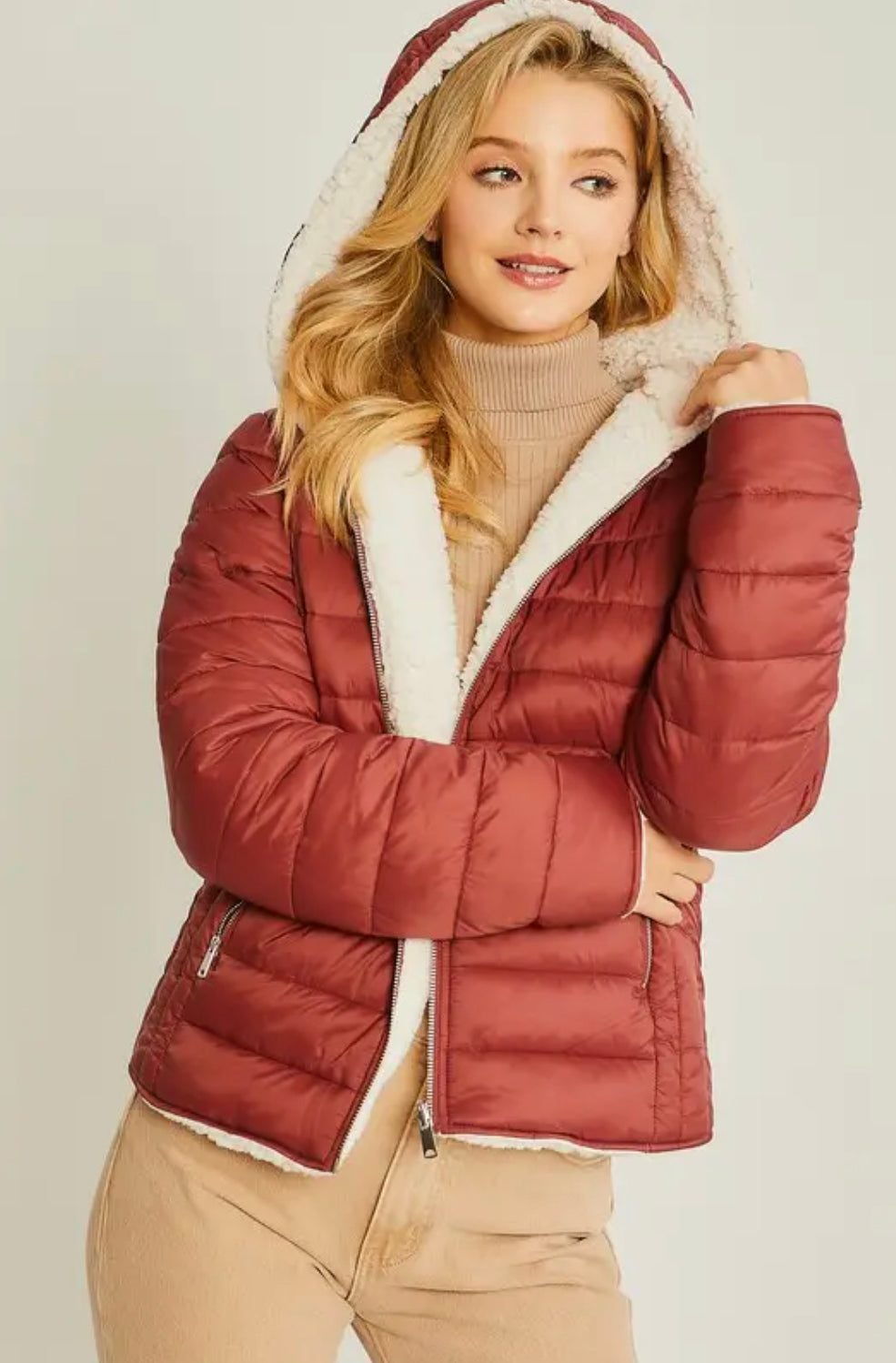 Terra Reversible Faux Sherpa Fleece Puffer Hooded Jacket - Keweenaw Klass Boutique LLC