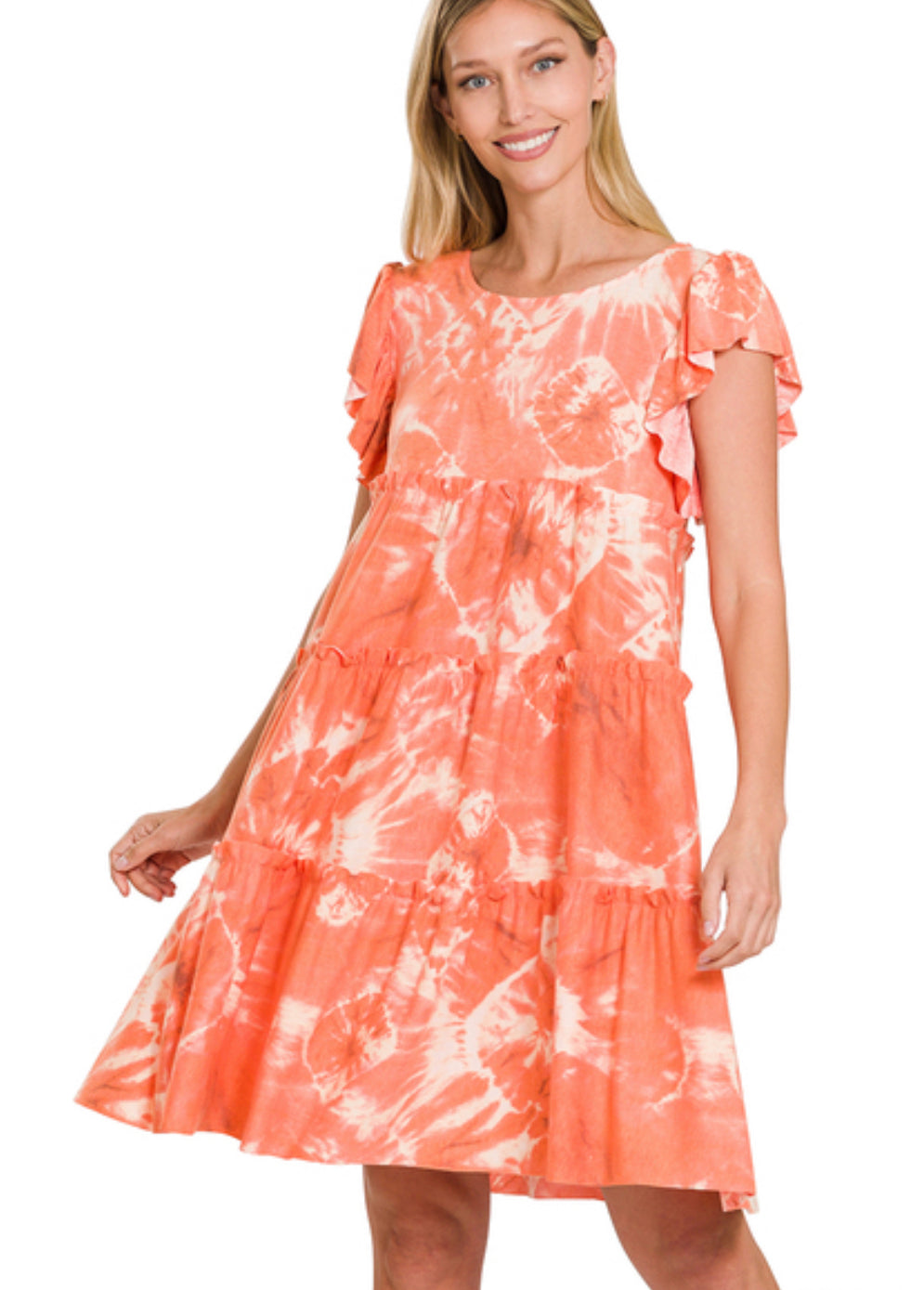 Orange Tie Dye Print Tiered Dress with Ruffled Sleeves - Keweenaw Klass Boutique LLC