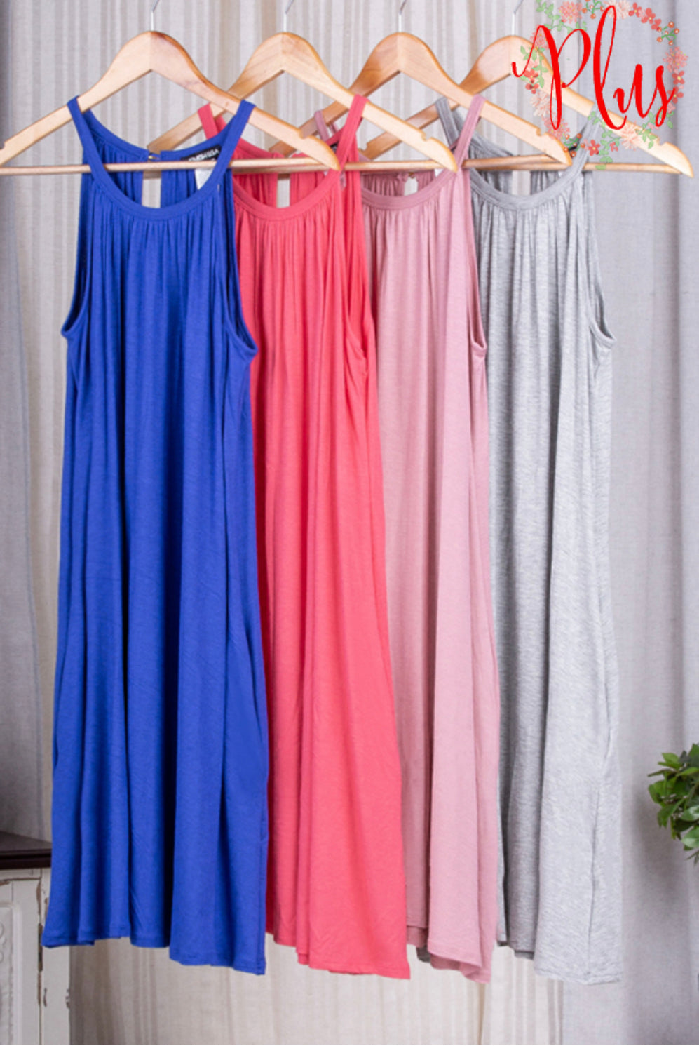 Coral Halter Neck Dress With Pockets - Keweenaw Klass Boutique LLC