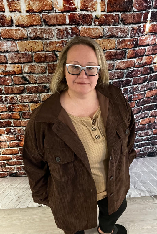 BROWN PLUS OVERSIZED CORDUROY BUTTON FRONT SHACKET - Keweenaw Klass Boutique LLC