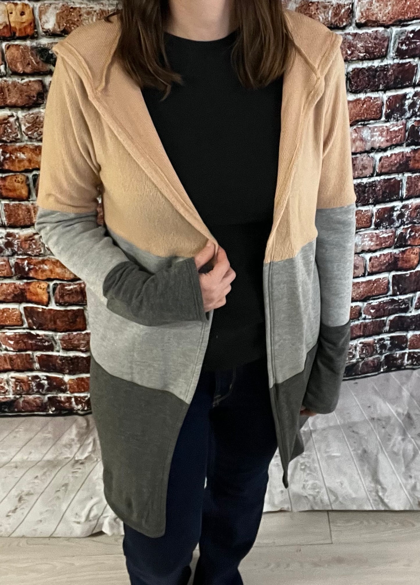 Beige Hoodie Color Block Long Cardigan - Keweenaw Klass Boutique LLC