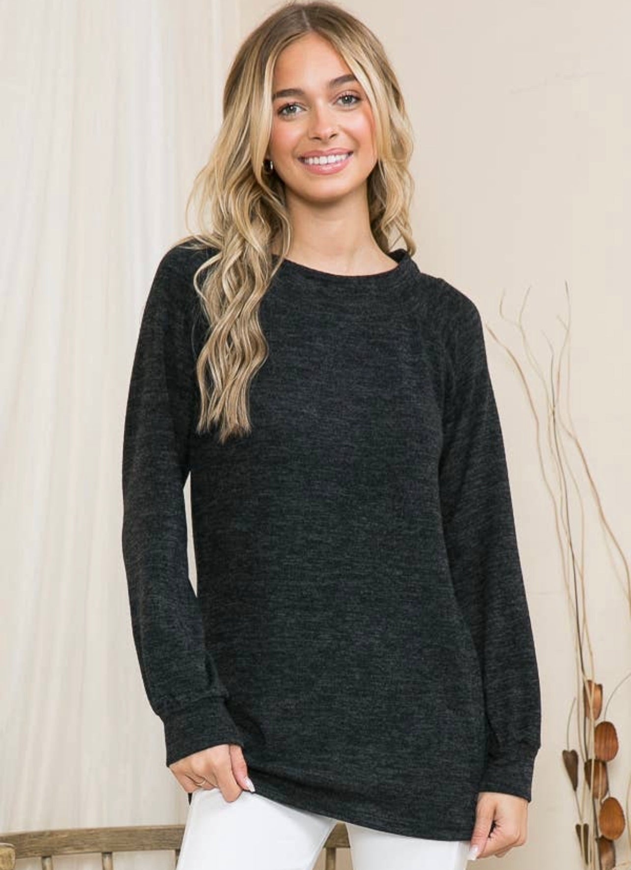 Black Solid Basic Cozy Tunic Top Sweater - Keweenaw Klass Boutique LLC
