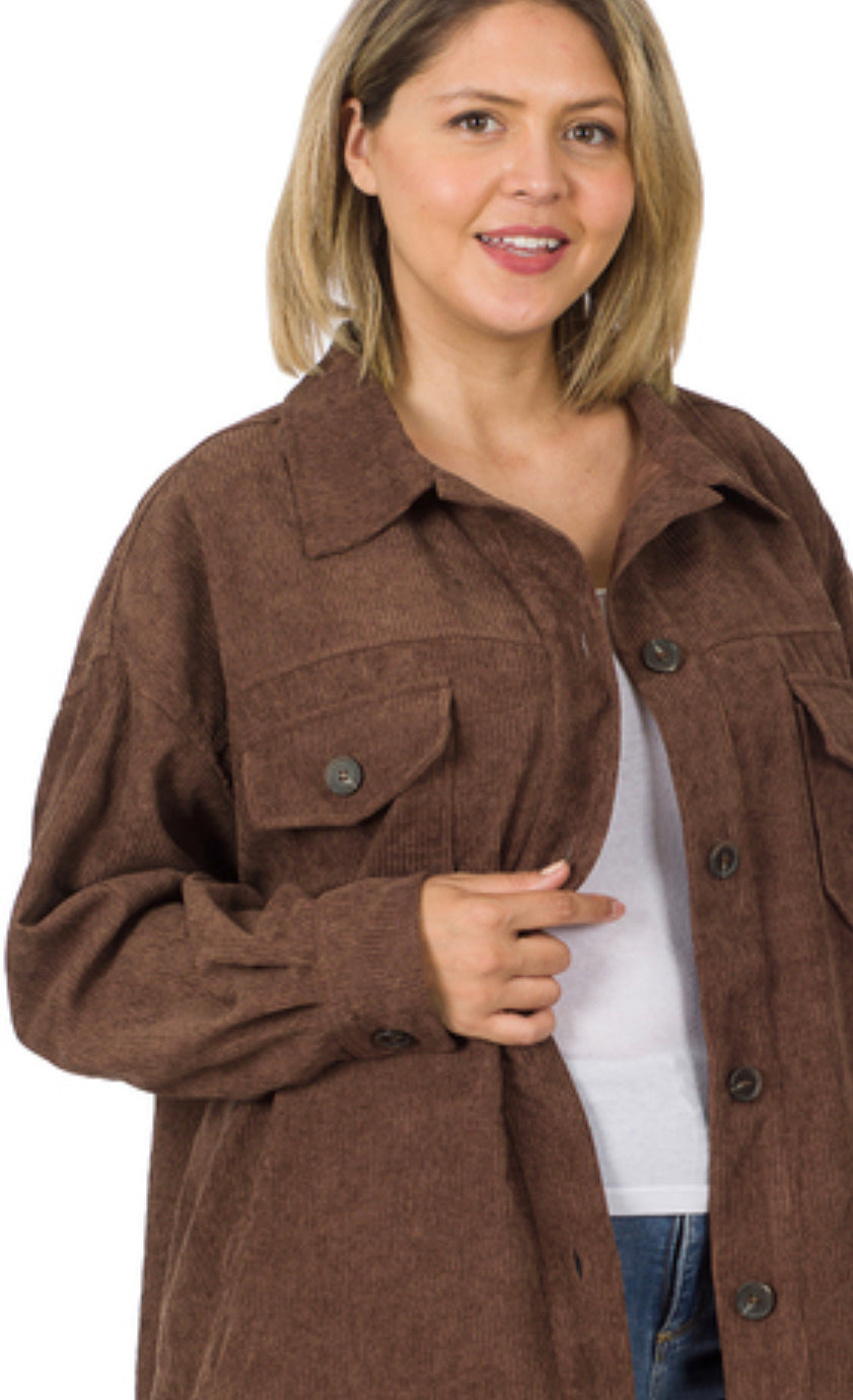 BROWN PLUS OVERSIZED CORDUROY BUTTON FRONT SHACKET - Keweenaw Klass Boutique LLC
