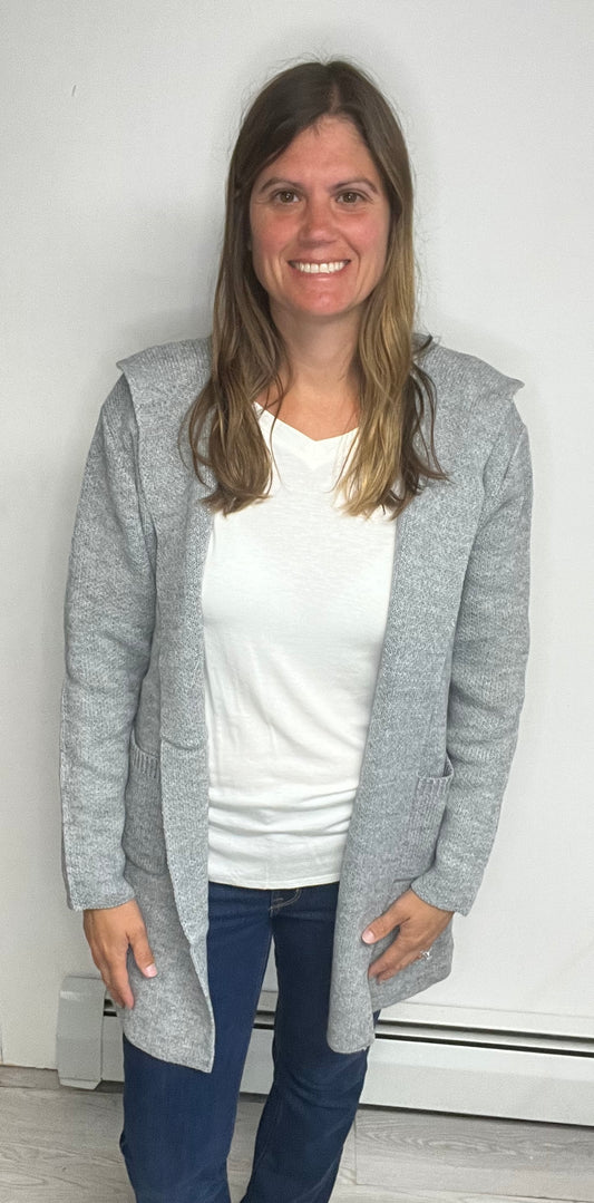 Grey Hooded Open Front Sweater Cardigan