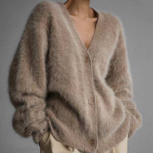 Khaki Faux mink short cardigan jacket: