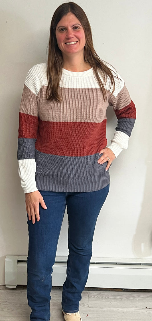 Block Knitted O-Neck Pullover Sweater