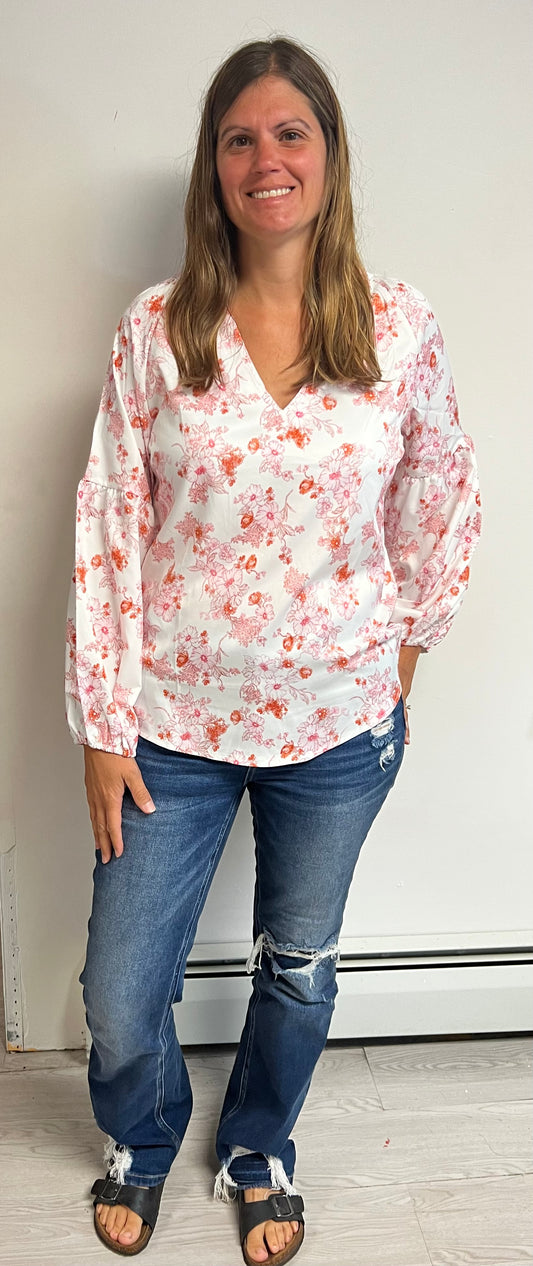 Casual Long Sleeve Boho Floral Print V Neck