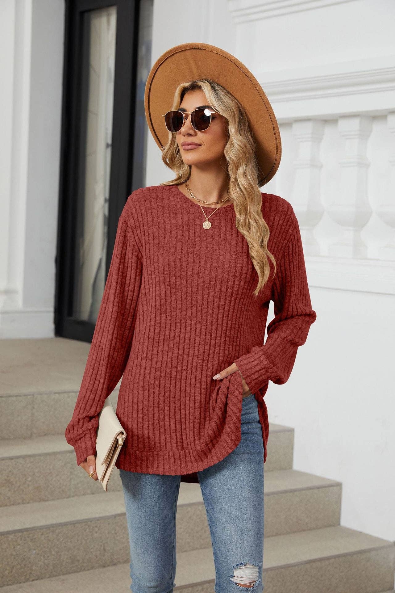 Brick Red Solid Color Round Neck Long-sleeved Polished Loose T-shirt