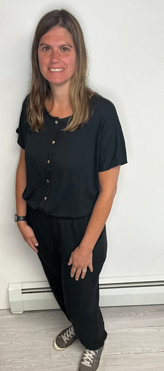 Black Short Sleeve Jumpsuit With Elastic Waist