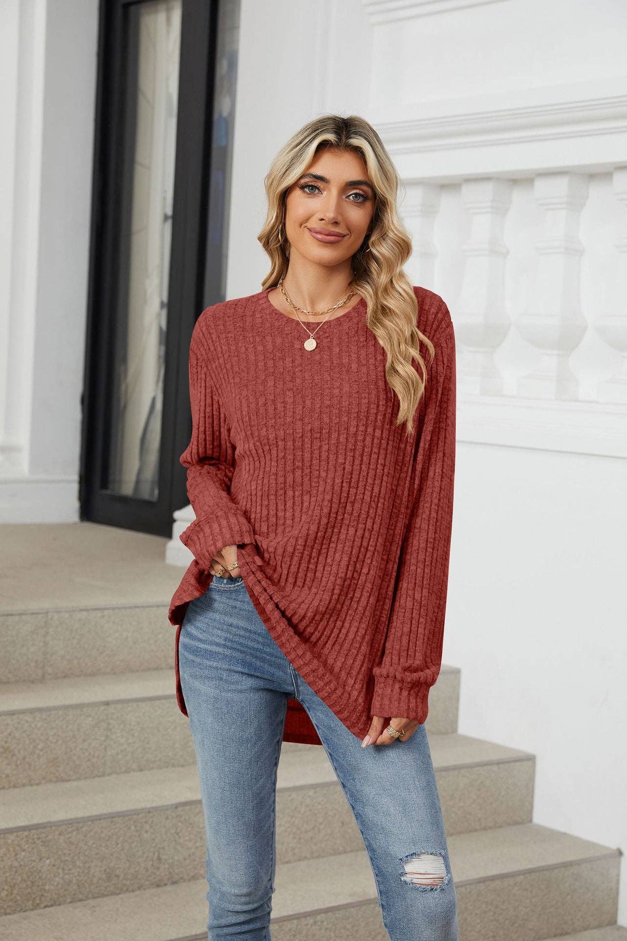 Brick Red Solid Color Round Neck Long-sleeved Polished Loose T-shirt