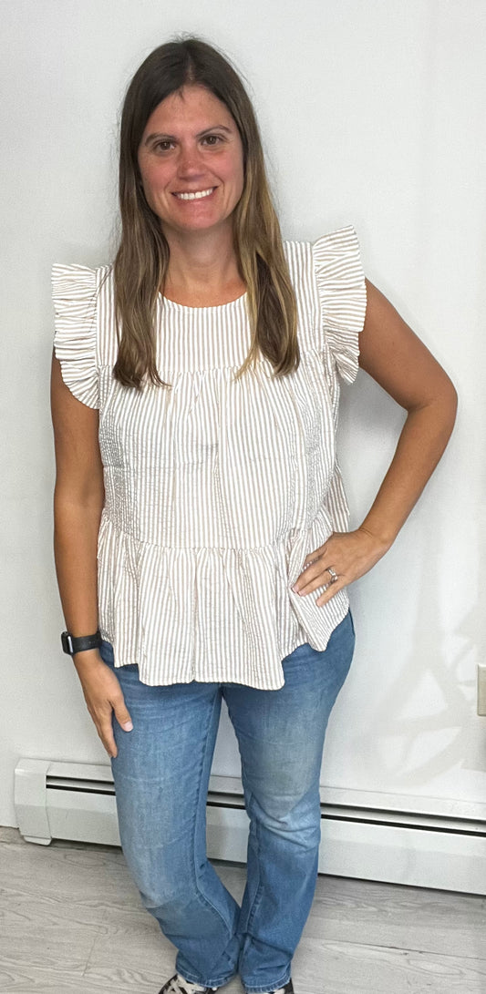 Khaki Sweetness Stripe Print Ruffled Sleeve Top