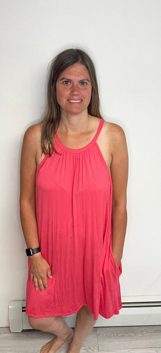 Coral Halter Neck Dress With Pockets - Keweenaw Klass Boutique LLC