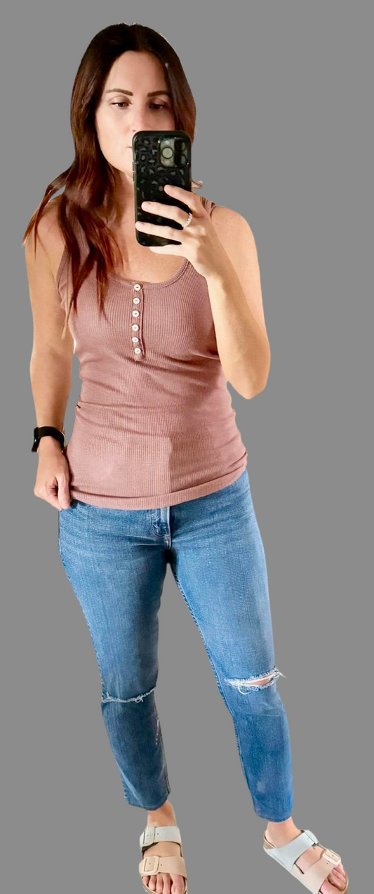 Vintage Mulberry Sleeveless Button Detail Ribbed Tank Top - Keweenaw Klass Boutique LLC