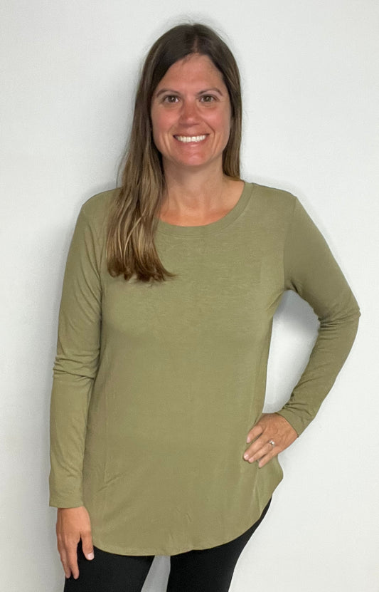 Khaki Long Sleeve Round Neck Hem Top - Keweenaw Klass Boutique LLC